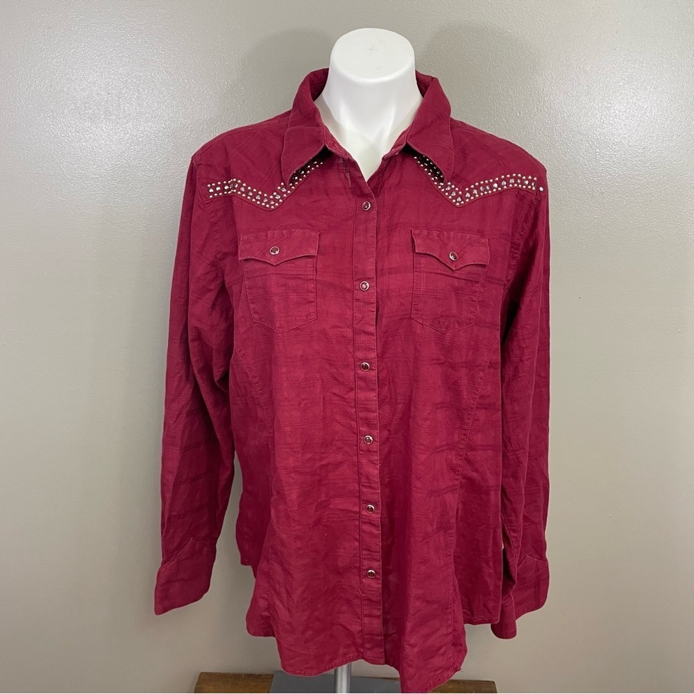 Wrangler pearl snap long sleeve shirt studs rhinestone burgundy Large? XL?